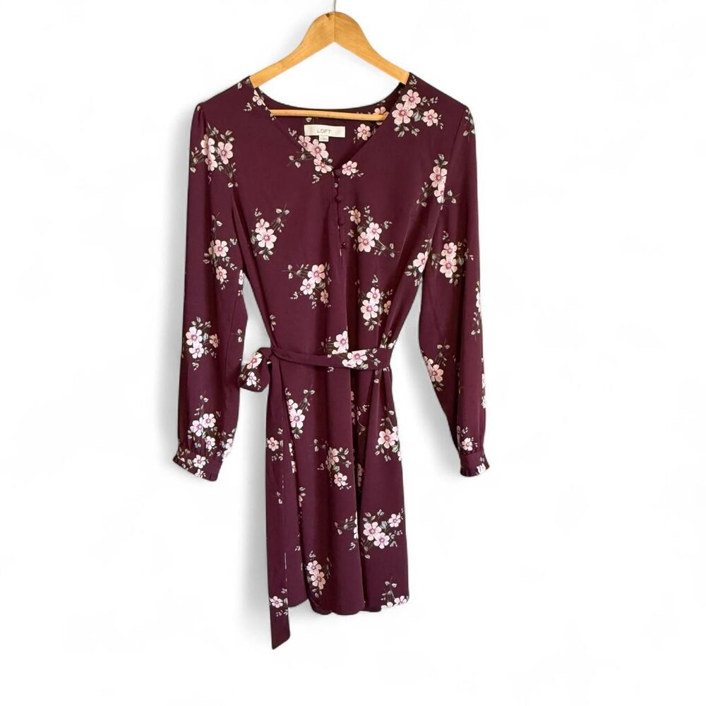 LOFT Floral Tie-Waist Long Sleeve Mini Dress Burgundy Wine Pink Size 8